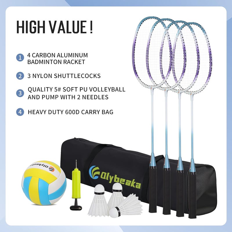 Olybeaka Portable Volleyball & Badminton Combo Net Set for Backyard Beach with 2 Nets (20ft and 32ft), Adjustable Poles, PU Volleyball, Aluminum Rackets and Carry Bag, Quick Setup & Durable - Image 4